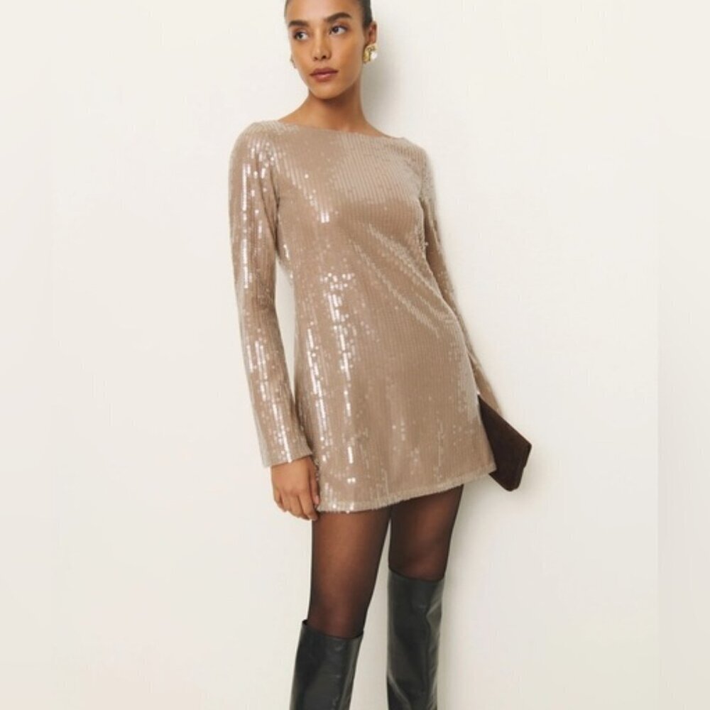 NWT Reformation Sereia Mini Dress in Champagne Sequin Long Sleeve | size M - Picture 6 of 14